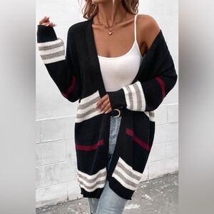 Striped Rib-Knit Drop Shoulder Open Front Cardigan